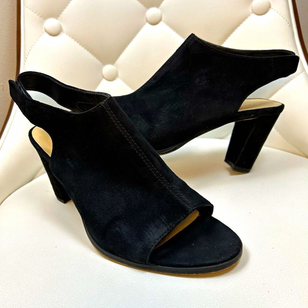 Clarks Kaylin 85 Slingback Heels Black Suede Open Toe Block Heel Shoes Sz 8.5 M